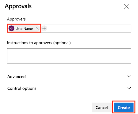 Screenshot of the Azure DevOps interface that shows the page for adding an approval check, with completed details and the Create button.