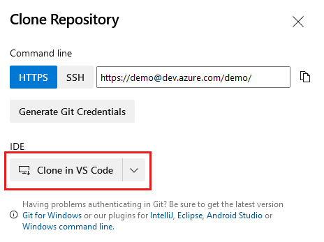 Screenshot of Azure DevOps that shows the repository settings and the button for cloning in Visual Studio Code.