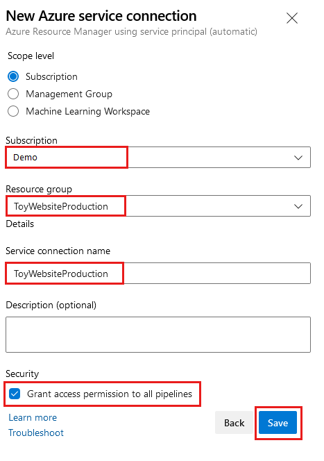 Screenshot of Azure DevOps that shows the page for creating a service connection for the production environment, with completed details.