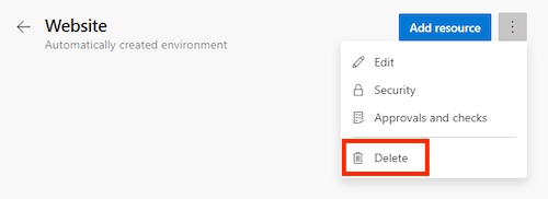 Screenshot of the Azure DevOps interface that shows the test environment, with the More Actions menu and the Delete button highlighted.