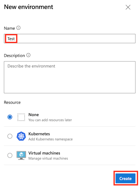 Screenshot of the Azure DevOps page for a new environment named Test, with completed details and the Create button.