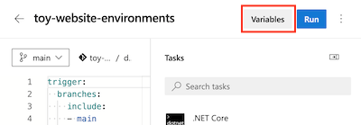 Screenshot of the Azure DevOps interface that shows the pipeline and the Variables button.