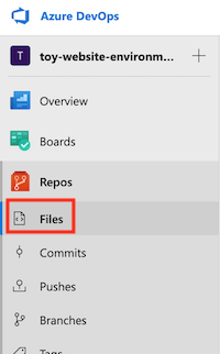 Screenshot of Azure DevOps that shows the Repos menu and the Files item.