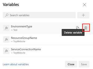 Screenshot of the Azure DevOps interface that shows the list of variables and the delete button.