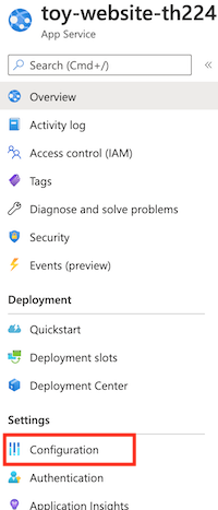 Screenshot of the Azure portal that shows the App Service app and the Configuration menu item.