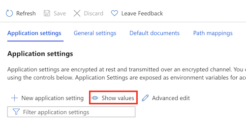 Screenshot of the Azure portal that shows the App Service app settings and the button for showing values.