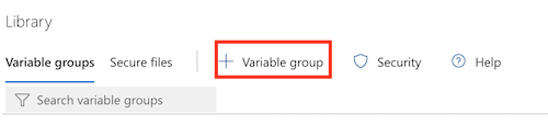 Screenshot of the Azure DevOps library page and the button for adding a variable group.