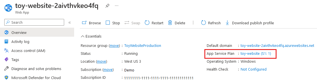 Screenshot of the Azure portal that shows the App Services toy website production app and the App Service plan SKU details.