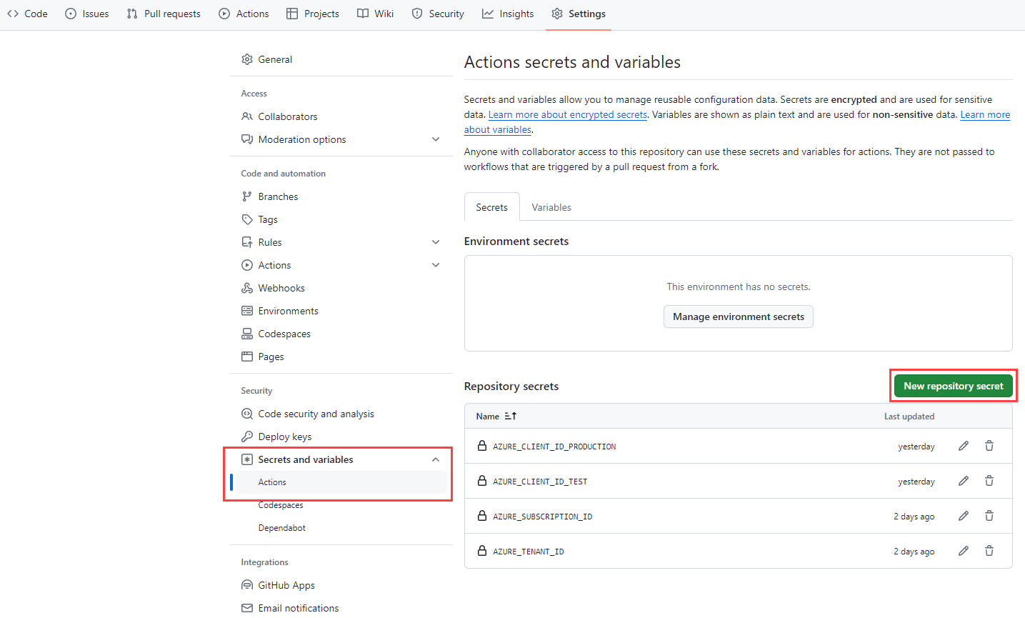 Screenshot of GitHub that shows the Secrets menu item under the Settings category.