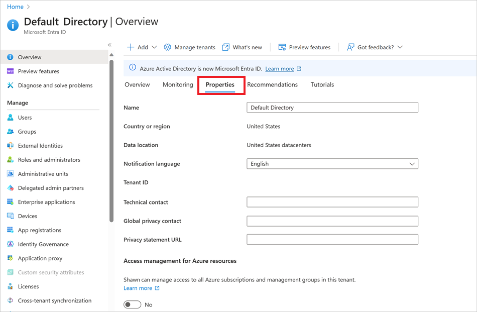 Screenshot of the Microsoft Entra Properties pane.