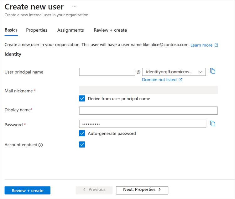 Screenshot showing the New user dialog.