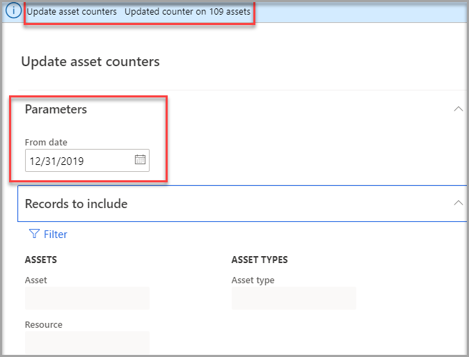 Screenshot of the Update asset counters page with parameters highlighted.