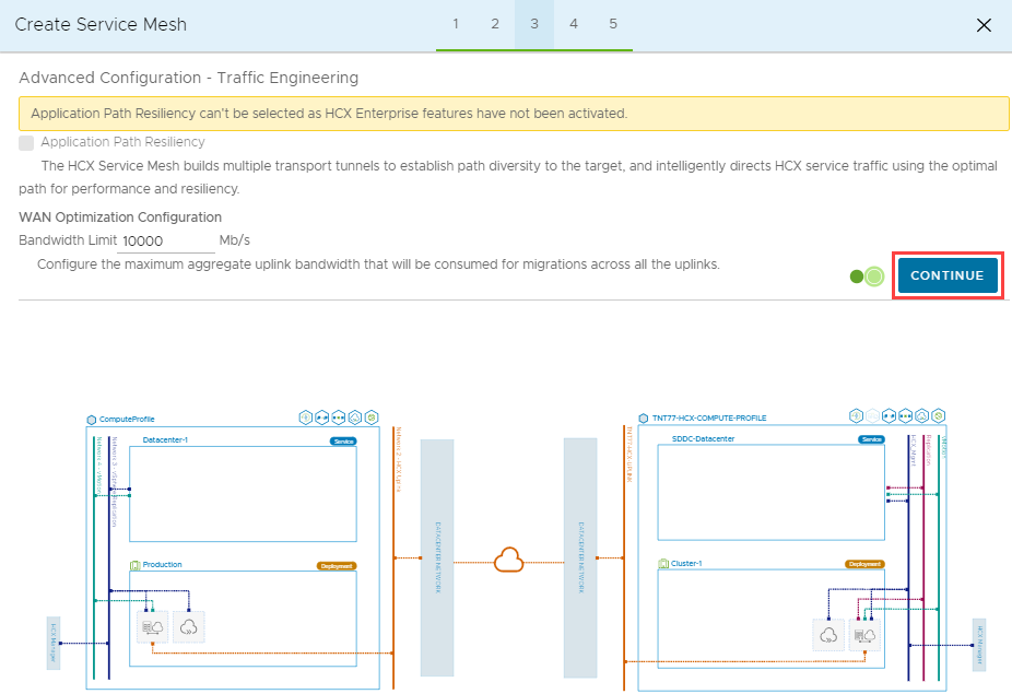 Screenshot displaying that application resiliency can't be selected because there isn't an HCX Enterprise license key.