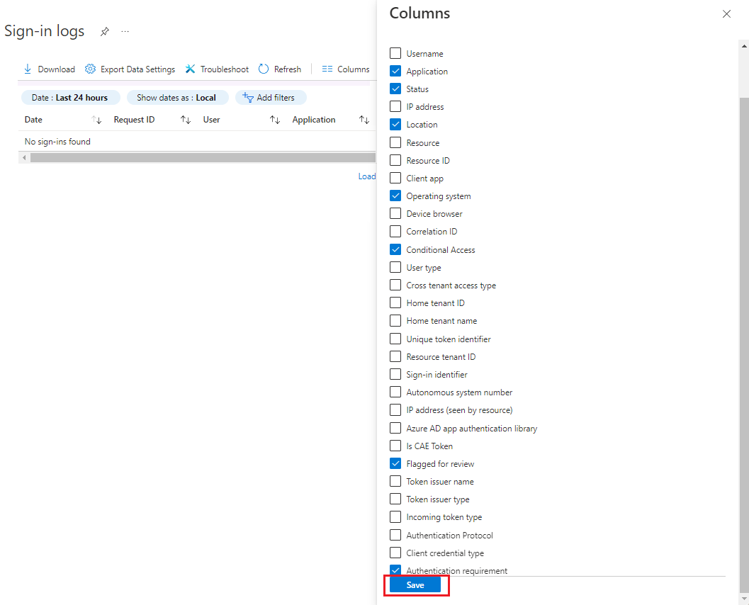 Screenshot that shows selecting Save to select and clear columns for the sign-in logs.