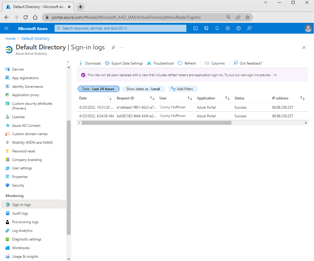 Screenshot that shows default table columns in sign-in logs.