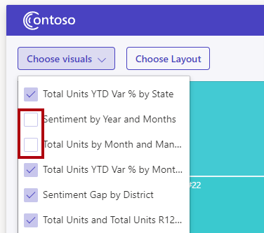 Image showing the Choose visuals list, showing that two visuals aren't selected.