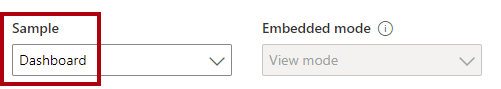 Screenshot that shows the Sample dropdown list set to Dashboard. The Embedded mode dropdown list is set to View mode and is disabled.