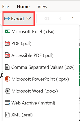 Screenshot that shows the Export dropdown list options.