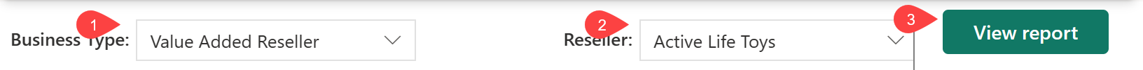 Screenshot that shows the Business type and Reseller dropdown lists and View report button.