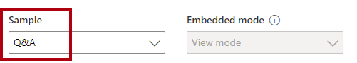 Screenshot that shows the Sample dropdown list set to Q&A. The Embedded mode dropdown list is set to View mode and is disabled.