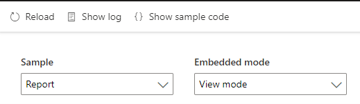 Screenshot that shows two dropdown lists set to display a Power BI report in view mode.