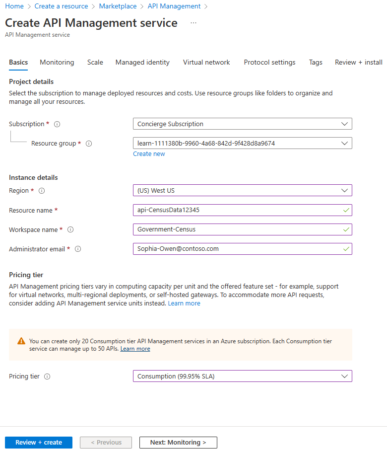 Screenshot of the completed settings on the Basics tab of the Create API Management service screen.