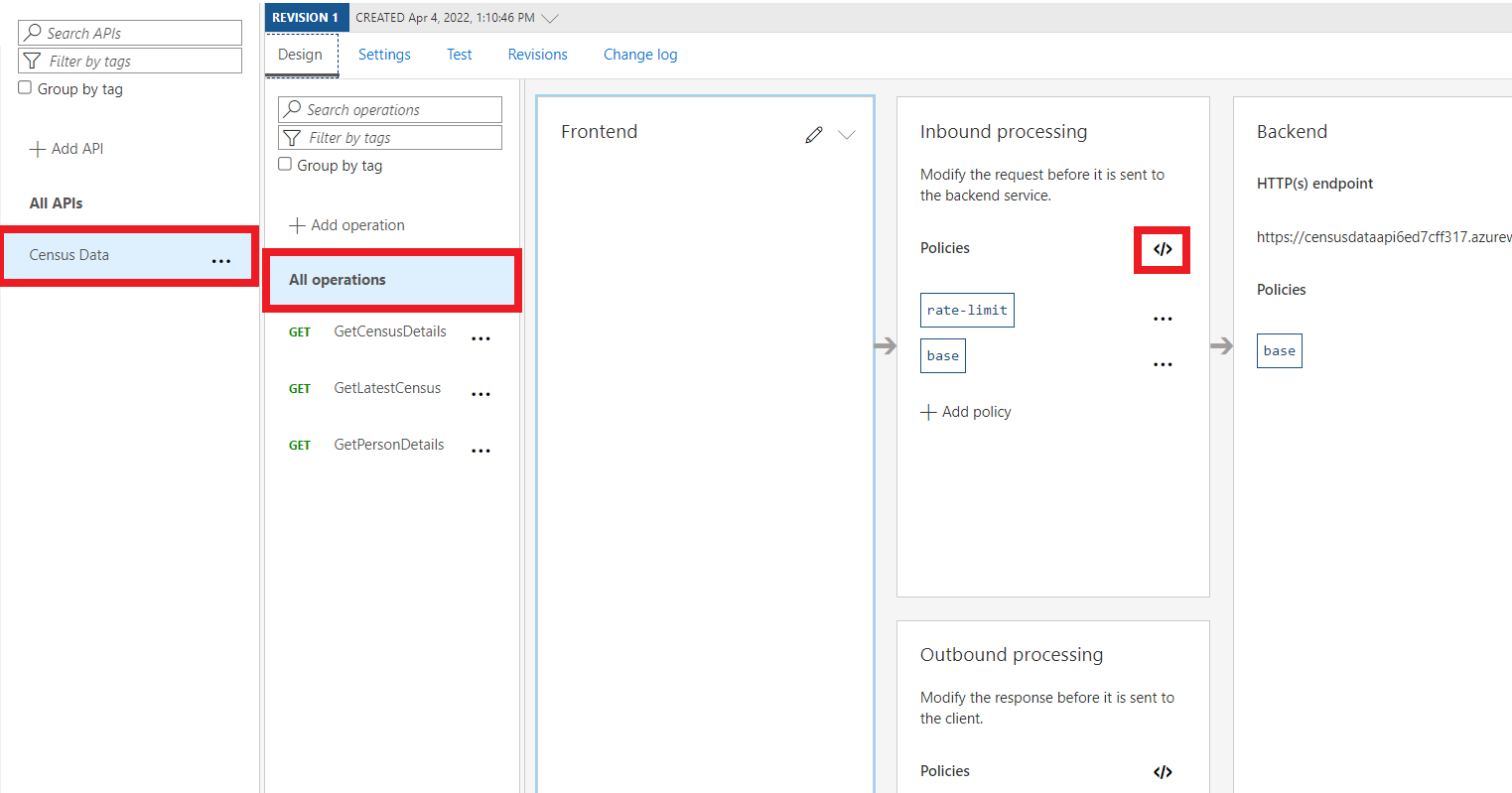 Screenshot of the Design tab with the Policies icon highlighted in the Inbound processing section.