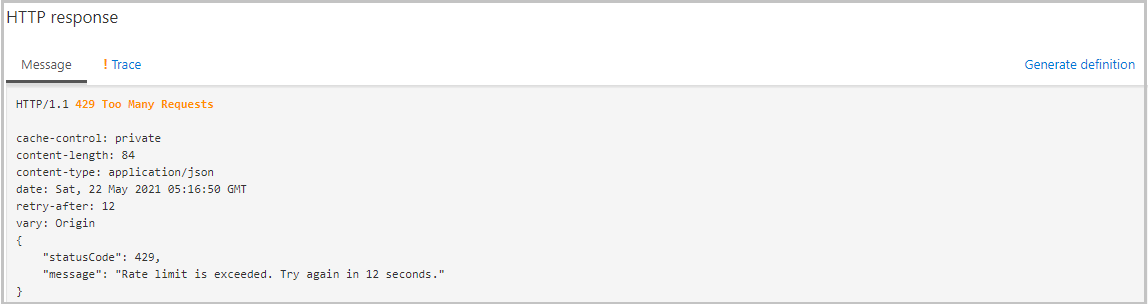 Screenshot of an HTTP response showing a 429 Too Many Requests error.