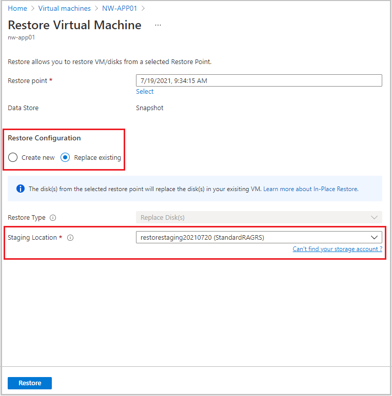 Screenshot that shows the restore configuration options.