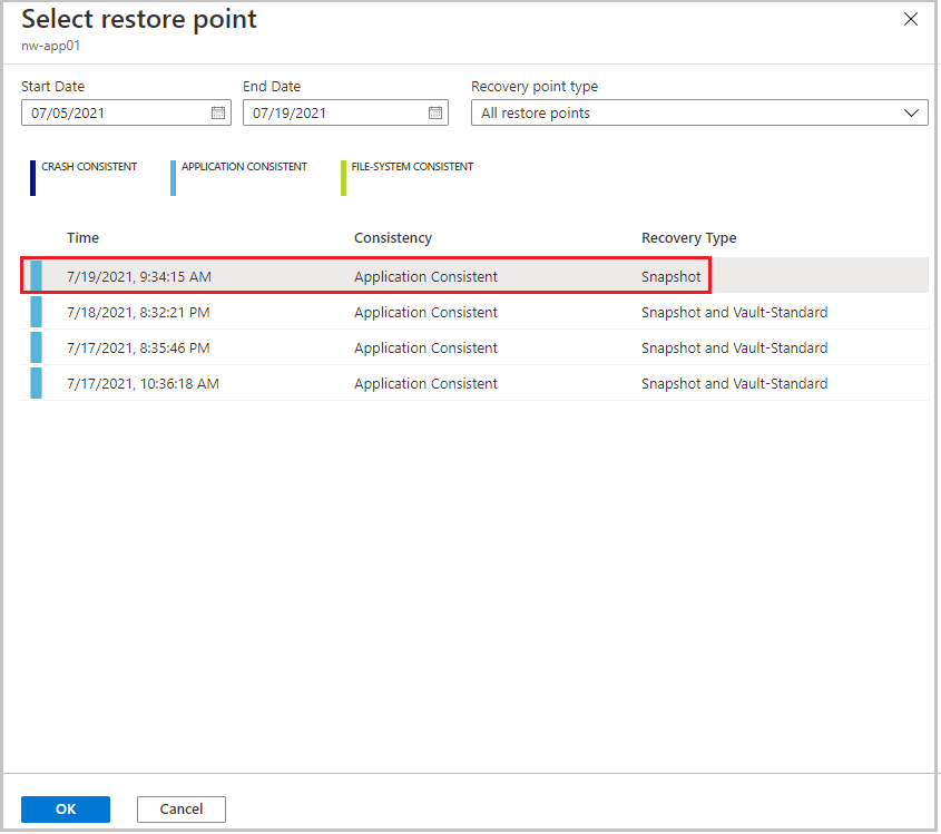 Screenshot of selecting a restore point.