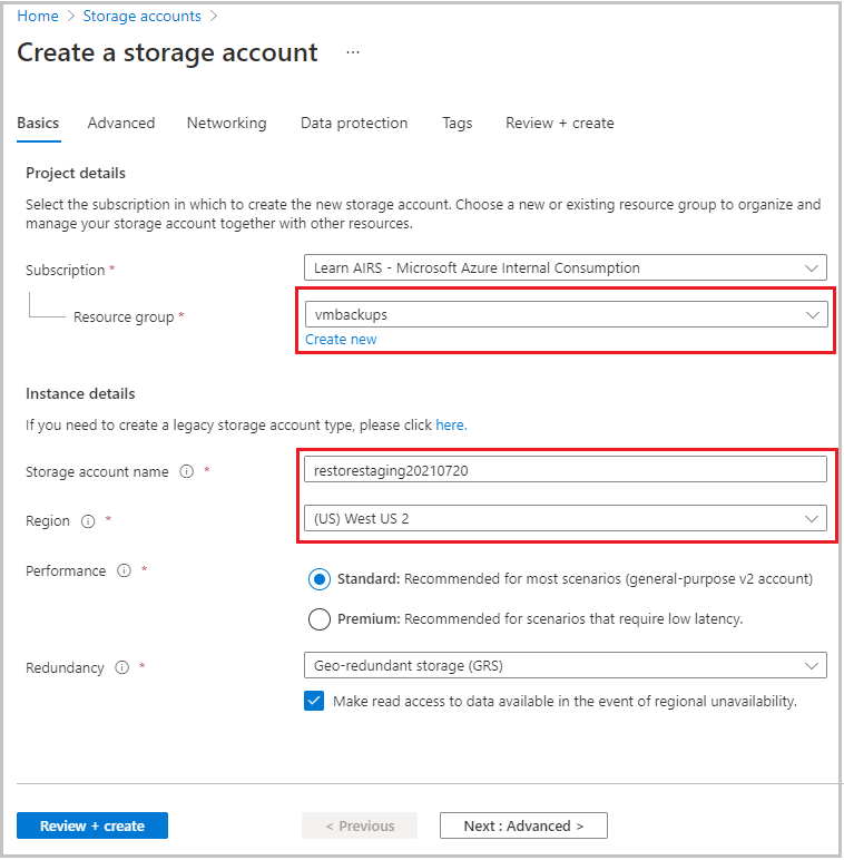 Specify storage account options.