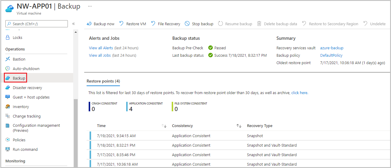 Screenshot of the Backup operation for a VM.