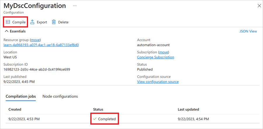 Screenshot of the Azure portal, showing the state of the compilation job for the configuration.