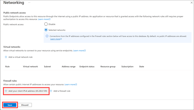 Screenshot of the Azure portal showing the SQL database Firewall settings pane with the Add client IP highlighted.