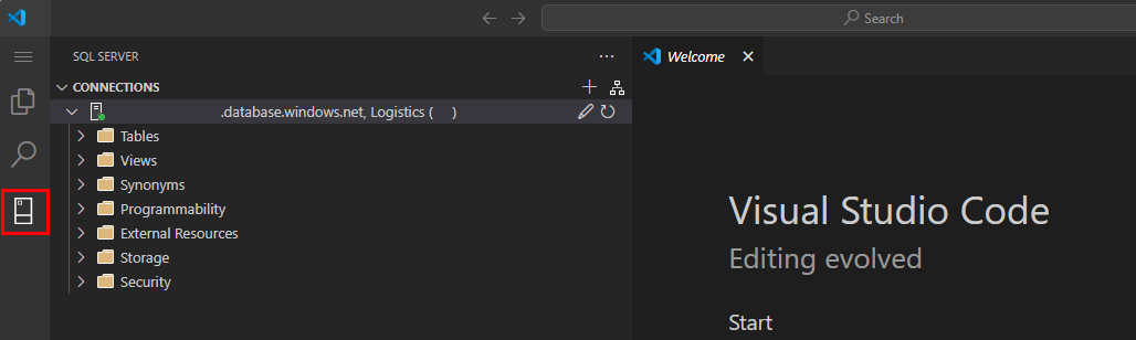 Screenshot of the VS Code mssql extension with the server connected and database objects displayed.