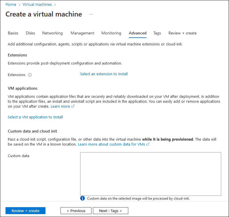 Screenshot showing the Advanced tab of the Create a virtual machine wizard.