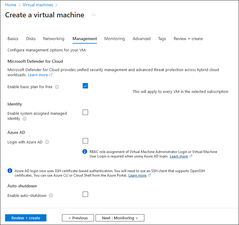 Screenshot showing the Management tab of the Create a virtual machine wizard.