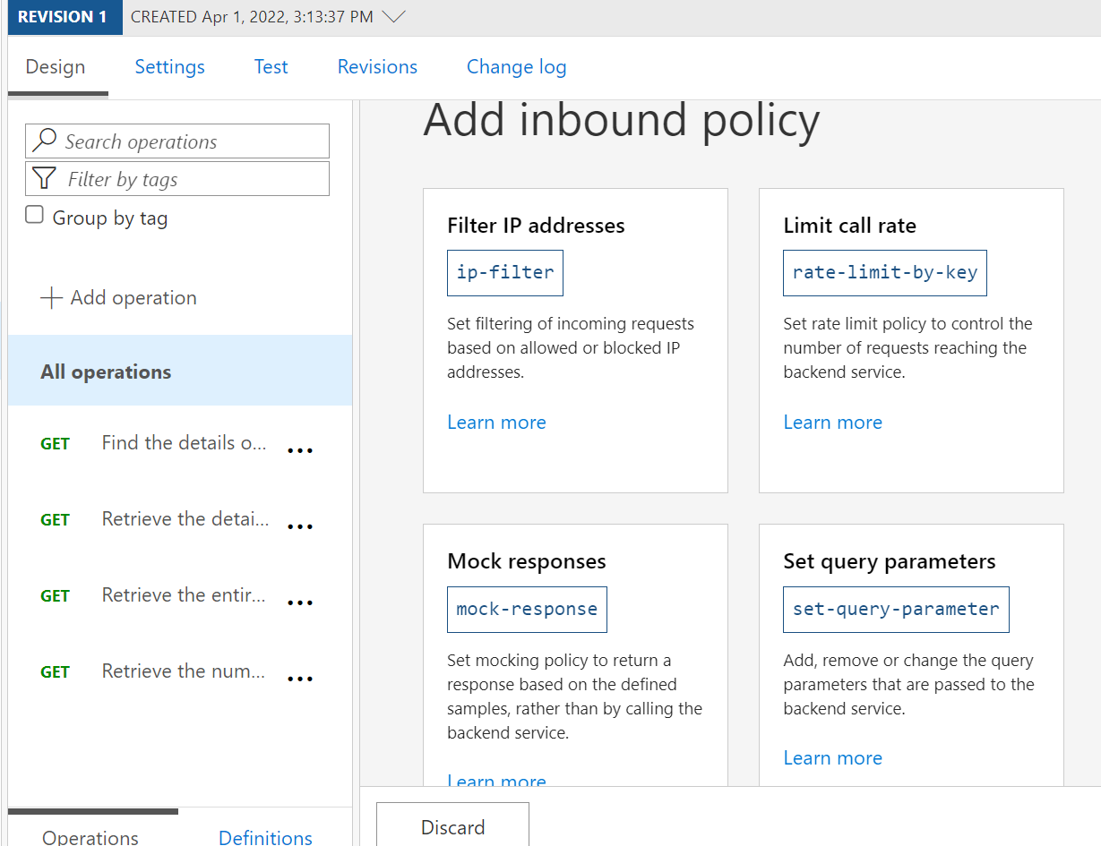 Screenshot of Azure portal showing inbound policy options for API configuration.