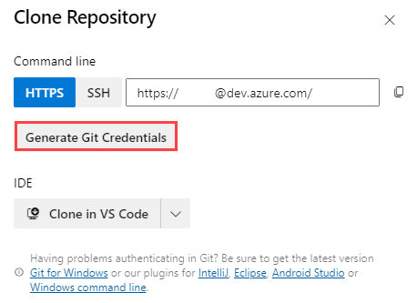 Screenshot of Azure DevOps that shows the repository settings, with the Generate Git Credentials button highlighted.