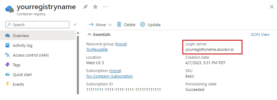 Screenshot of the Azure portal that shows the container registry's details, with the login server highlighted.