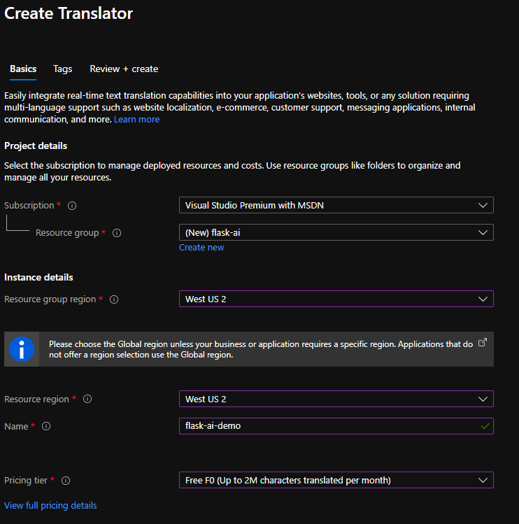 Screenshot showing the completed Translator create form.