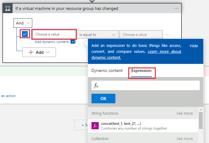 Screenshot of the selections for choosing an expression as a value.