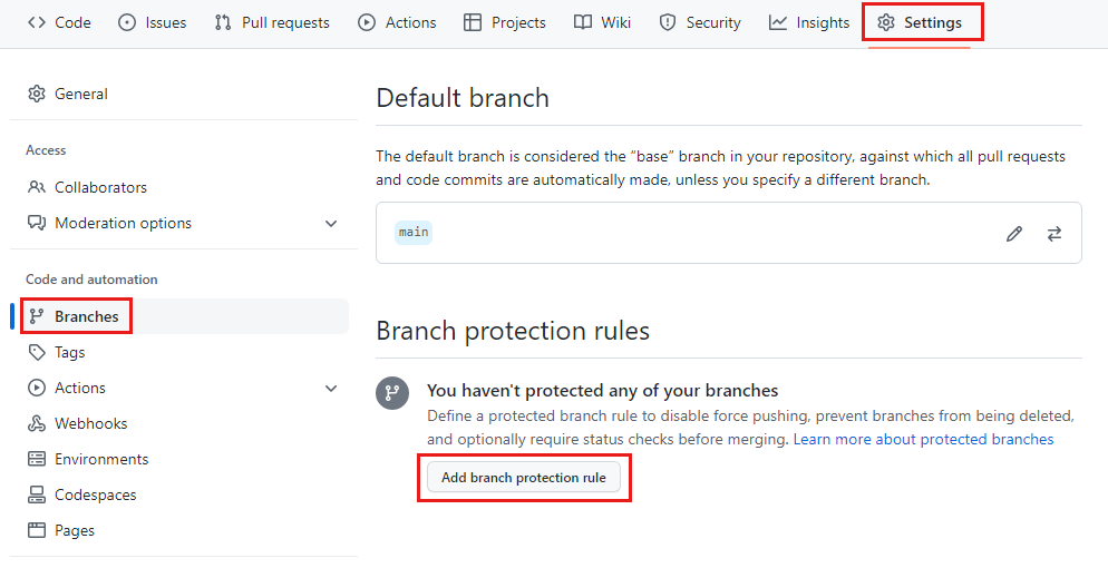 Screenshot of GitHub that shows the page for adding branch protection rules, with the button for adding a rule highlighted.