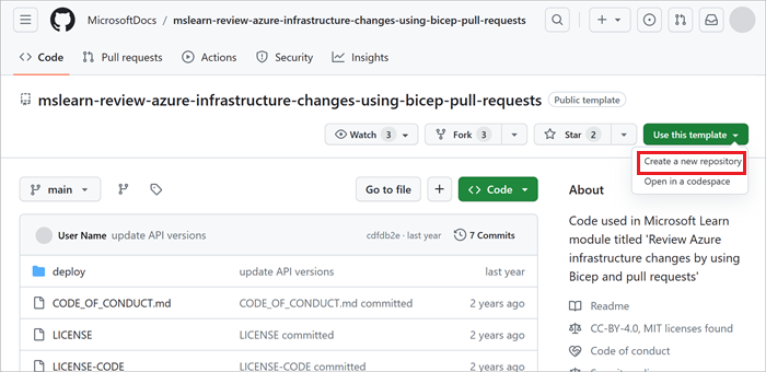 Screenshot of the GitHub interface that shows the template repo, with the button for using the current template highlighted.