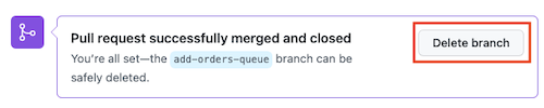 Screenshot of GitHub that shows a pull request with the button for deleting a branch highlighted.