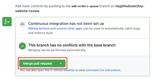 Screenshot of GitHub that shows a pull request with the button for merging highlighted.