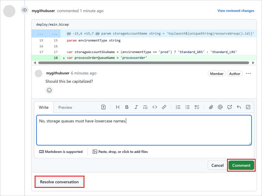 Screenshot of GitHub that shows the response to a comment, with the buttons for entering a comment and resolving a conversation highlighted.