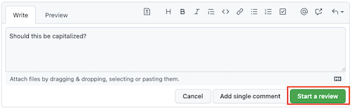 Screenshot of GitHub that shows the comment field, with the button for starting a review highlighted.