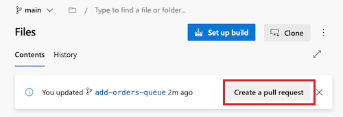 Screenshot of Azure DevOps that shows the repository's file list, including a banner that offers to create a pull request.