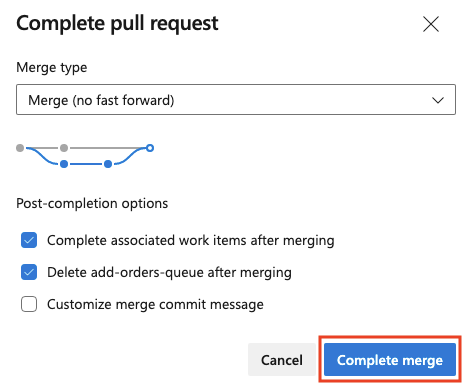 Screenshot of Azure DevOps that shows the pull request completion panel, with the button for completing a merge highlighted.